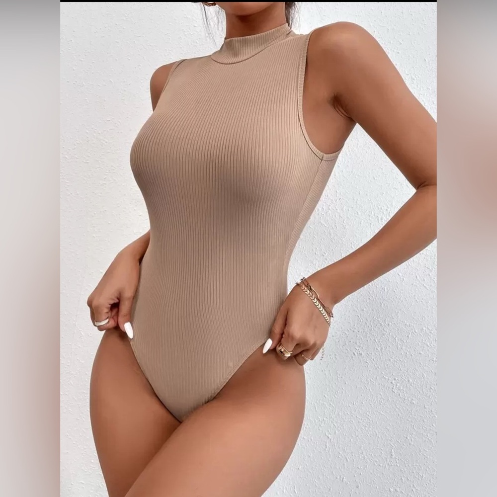 Sleeveless Tan Ribbed Turtleneck Top